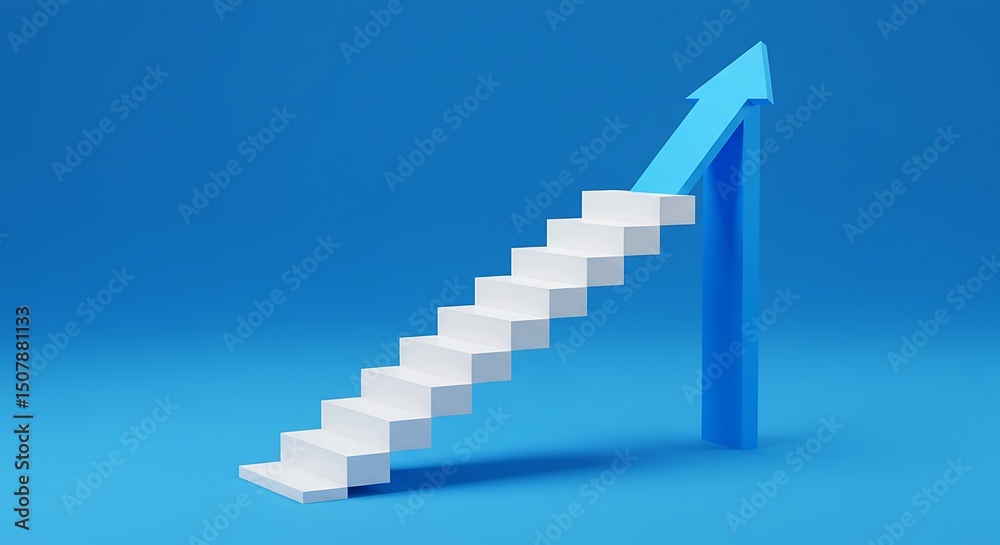 Business, career or personal growth concept. White stairs leading upwards to an arrow on a blue background representing the concept of personal and professional growth. 3d render. Business, career or personal growth concept. White stairs leading upwards to an arrow on a blue background representing the concept of personal and professional growth. 3d render.