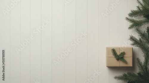 Minimalist Christmas Gift on Wooden Background