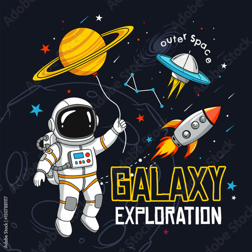 Fun cartoon astronaut holding a Saturn balloon, with a rocket and UFO in space