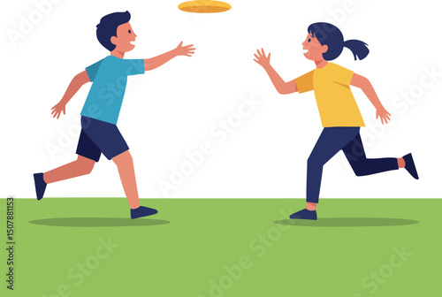 Children playing with flying disc outdoor on green grass vector illustration 