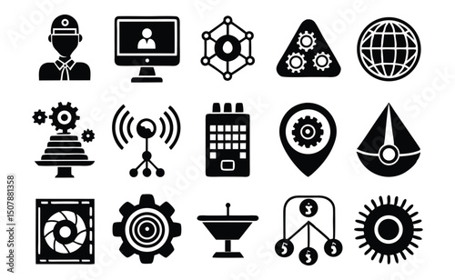 Collection of Technology Icons Network, Engineering, and Global Connectivity Symbols