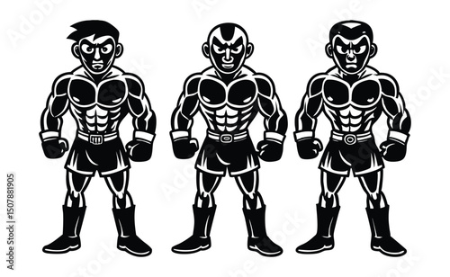 Three Muscular Boxers Vintage Black and White Illustration
