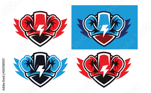 Powerful Boxing Gloves Logo Design Red, Blue, and Black Variations