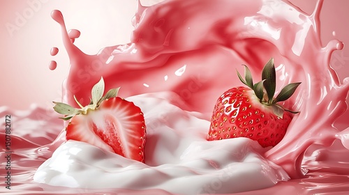 Fresh strawberries in a splash of pink milk.