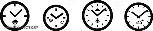 Vector illustration set of a clock with changing weather icons

