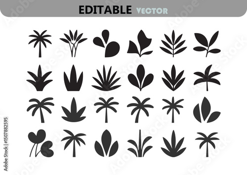 Set of Black Silhouette Tropical Plants and Leaves Vector Illustration Perfect for Summer Designs Logos or Botanical Themed Projects and Creative Graphic Elements