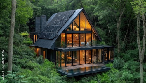 Sustainable Luxury A-Frame House with Solar Panels, Glass Walls in Lush Forest