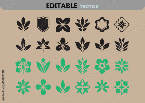 Set of Vector Floral and Plant Elements for Logos Emblems Badges and Design Projects in Black and Green Colors