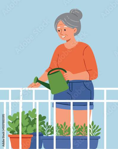Older woman watering plants on balcony with watering can gardening lifestyle vector illustration 