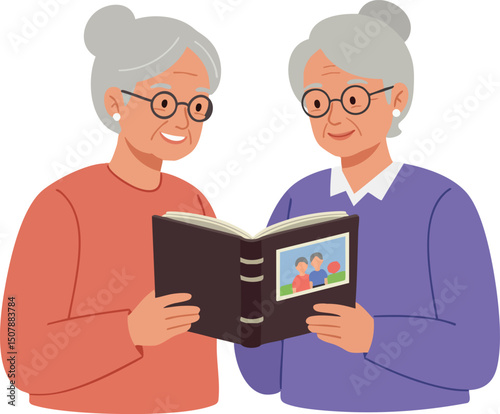 Two elderly women reading family photo album together in cozy setting vector illustration 