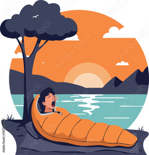 Person Sleeping in Sleeping Bag by Lake at Sunset with Tree and Mountains Vector Illustration 