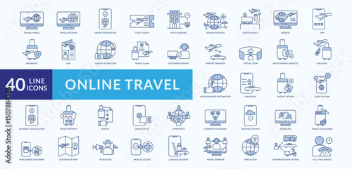 Online travel icon collection set with online reservation, hotel booking, virtual tour, photography services, tour guide