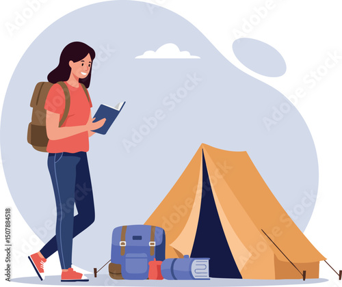 Woman hiker with backpack reading map near camping tent outdoor adventure scene 