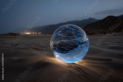 A glass orb rests on desert sand at twilight, its transparent surface laced with electric-blue lightning veins glowing across dunes.