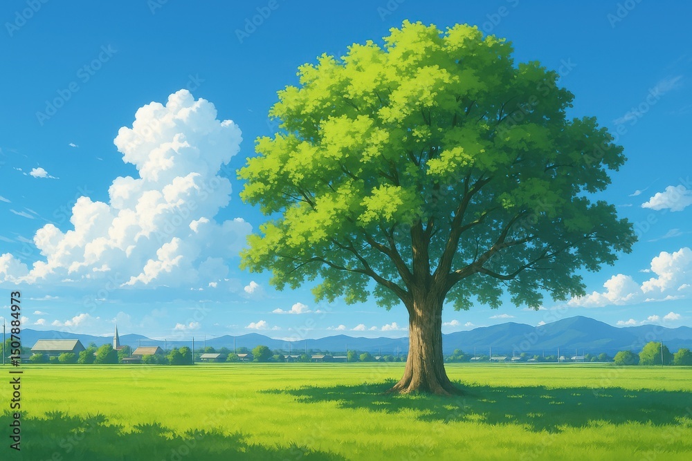 Fototapeta premium 青空と草原に立つ緑豊かな木、背景素材