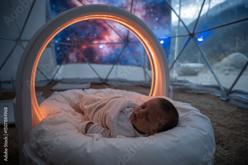 A baby sleeps on a white round cushion beneath a glowing orange halo light inside a transparent geodesic dome with a cosmic backdrop.