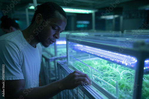 Scientist inspects vibrant hydroponic microgreens under LED grow lights in a futuristic indoor farming lab setting.