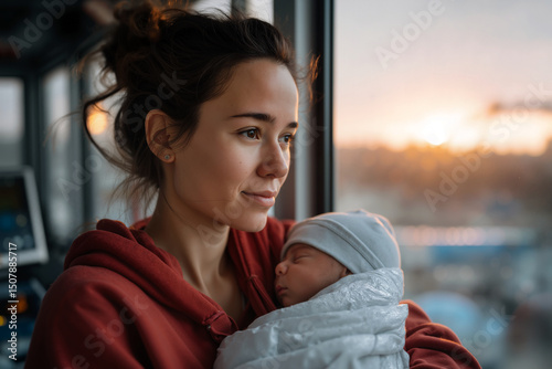 Young mother gazes at warm sunset light while cradling her sleeping infant in a cozy car cabin.