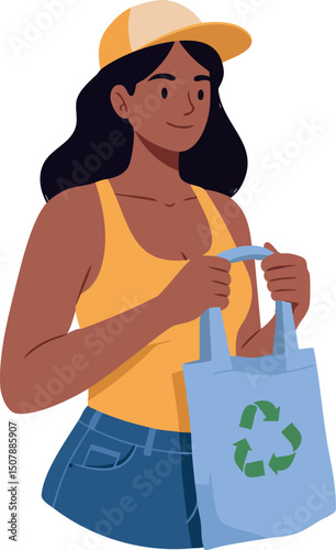 Young woman holding reusable bag with recycle symbol environmental awareness vector illustration 