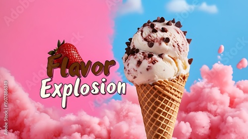Chocolate chip ice cream cone with a vibrant backdrop of pink and blue.