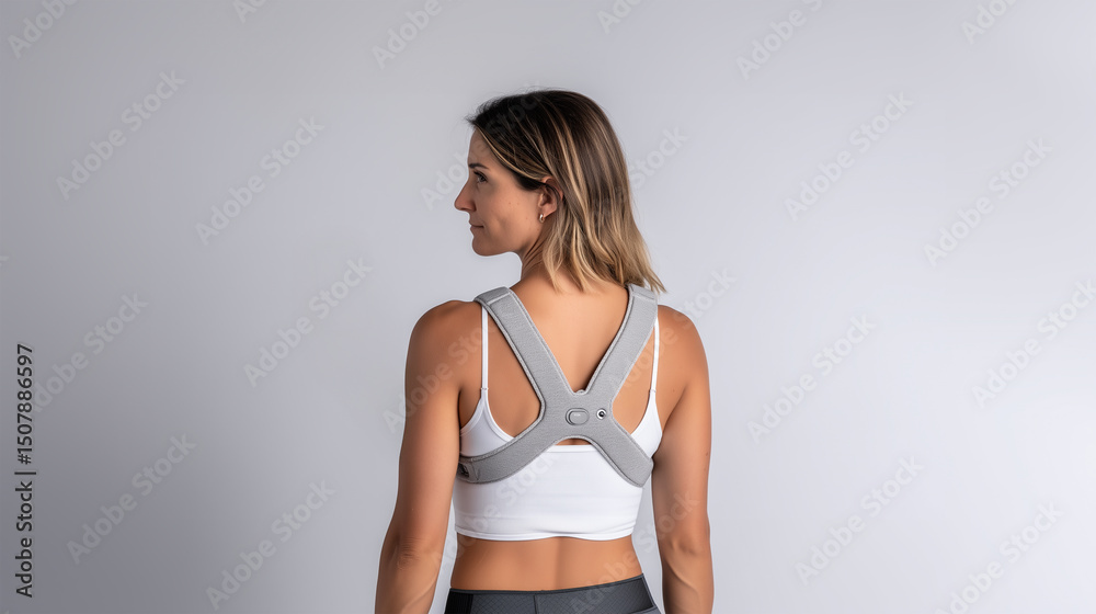 Fototapeta premium Athletic woman using wearable posture trainer for exercise optimization and health tracking