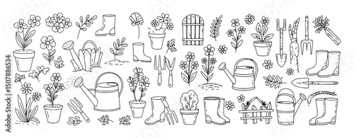 Vector outline elements of house gardening tools and equipment. 
