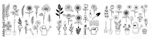 Vector sets of gardening tools and equipment outlines