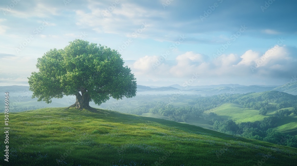 Fototapeta premium Solitary Tree on a Verdant Hilltop