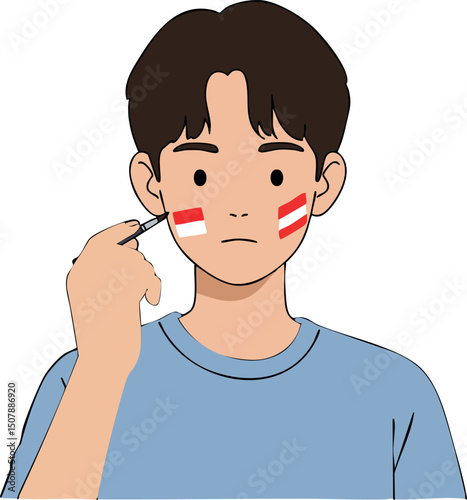 Young boy painting red and white flags on cheeks for patriotic celebration vector illustration 
