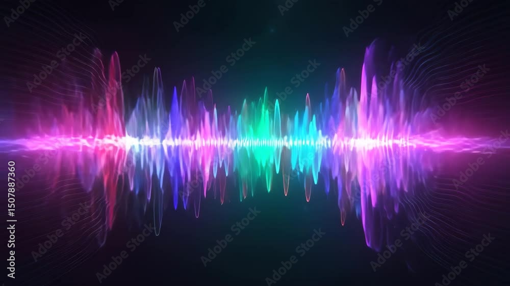 Colorful audio waveform animation with glowing neon light effects on dark background, ideal for music visualizers, sound design, DJ intros, and digital audio spectrum presentations.