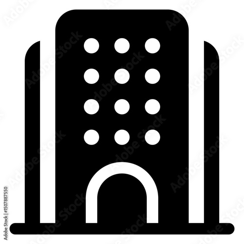Hotel Building Icon, a multi-story building with windows. Represents accommodation or lodging. Perfect for hotel location design.