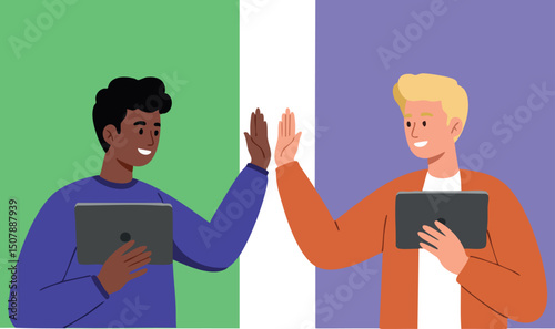 Diverse young men giving high five holding tablets digital teamwork concept vector illustration 