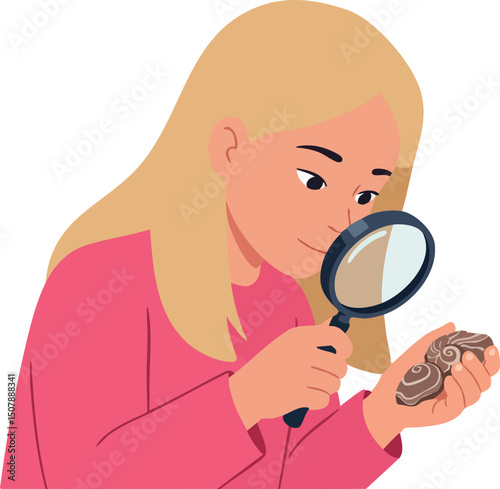 Girl examining seashell with magnifying glass detailed close-up vector illustration 