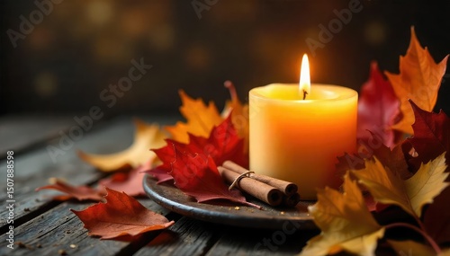 Autumn leaves surround a burning cinnamon-scented candle, creating a warm and inviting seasonal ambiance perfect for fall Cozy home decor, rustic, Thanksgiving, harvest , still life, aroma