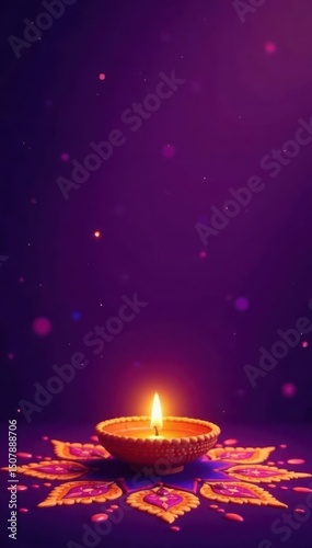 Purple background, floating diyas, rangoli patterns Ample copy space , template, red