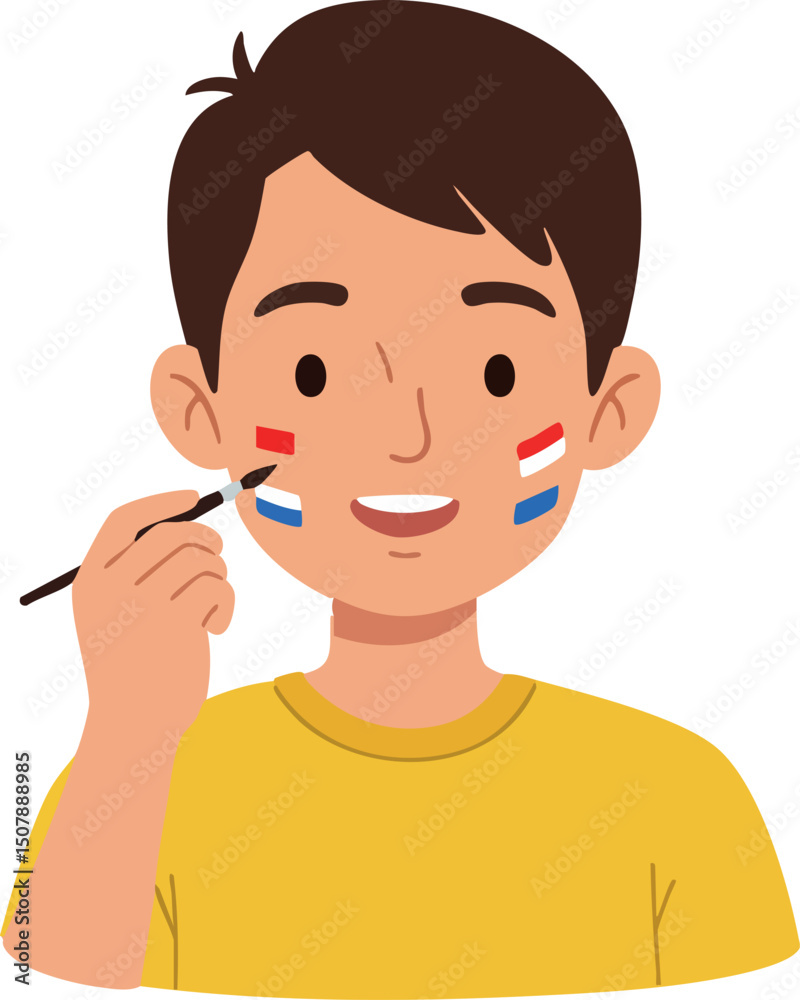 Boy painting face with red blue and white stripes smiling cheerful vector illustration Boy painting face with red blue and white stripes smiling cheerful vector illustration