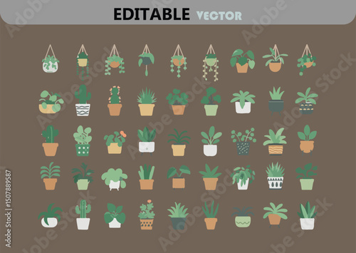 Variety of Potted Plants and Hanging Plants in an Editable Vector Format on a Brown Background for Use in Design Projects