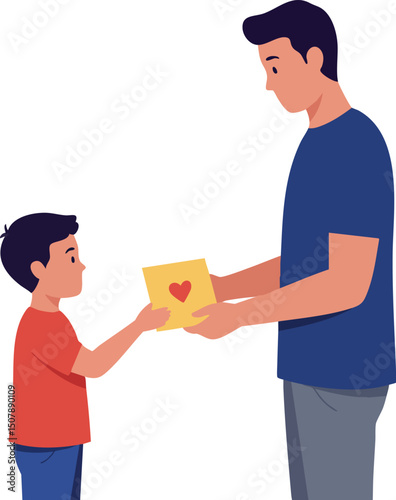 Father receiving heart card from son in casual clothes vector illustration family love and care scene 