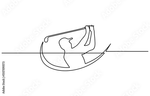 One continuous line drawing of golf putter, golf line icon, white background, single line vector golf course, flag and hole. golf course icon drawn in one line.