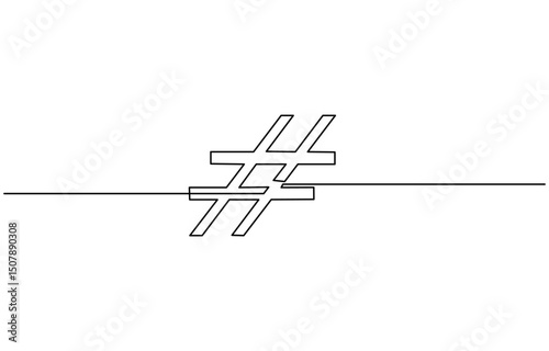 Hashtag symbol. One line continuous Hashtag. Line art, outline, single line silhouette, Hand drawn vector illustration. One line continuous Hashtag, Line art outline.