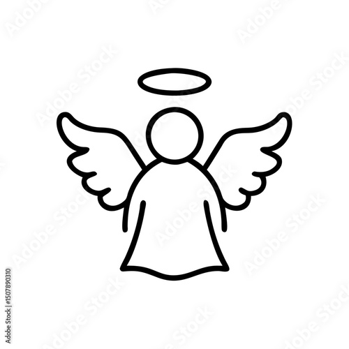 Angel outline illustration, spiritual figure in black and white with copy space