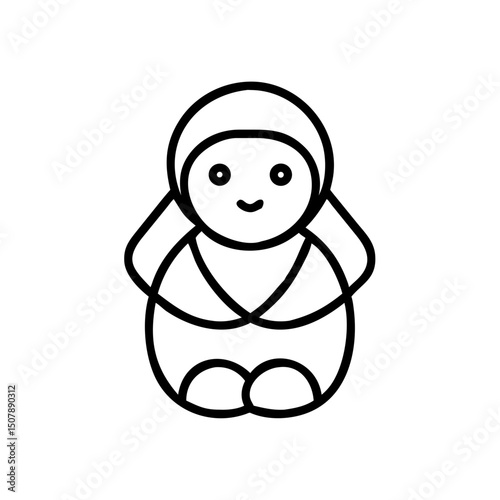 Baby Jesus icon in swaddling clothes, nativity symbol in black and white line art