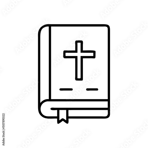 Bible line art icon, black and white religious book symbol with cross and copy space