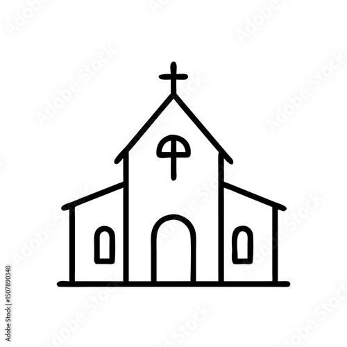 Church icon in black and white line art, religious building sketch with copy space