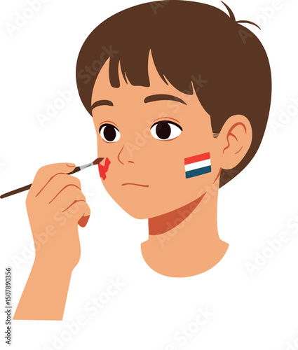 Boy painting face with red and blue stripes flag design on cheek vector illustration 