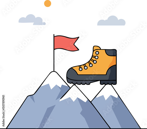 Mountain climbing concept with hiking boot and red flag on snowy peaks vector illustration 