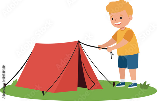 Boy Setting Up Red Camping Tent Outdoors on Grass Vector Illustration 