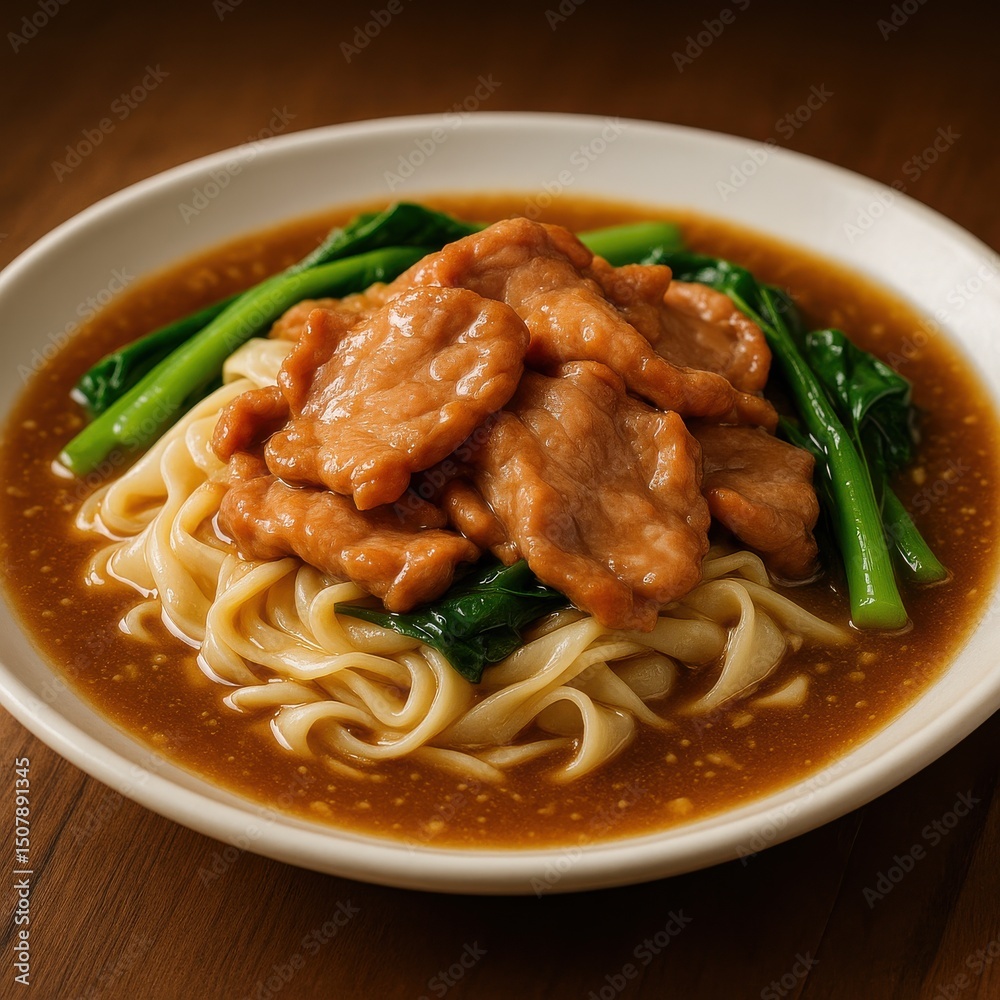A bowl of flat rice noodles topped with stir-fried pork slices and Chinese broccoli in a rich brown gravy sauce, served on a white plate. A bowl of flat rice noodles topped with stir-fried pork slices and Chinese broccoli in a rich brown gravy sauce, served on a white plate.