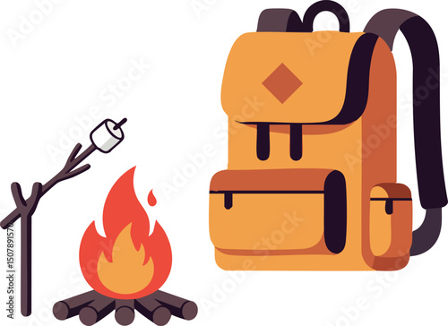 Camping backpack with campfire and marshmallow roasting stick vector illustration in orange and brown colors 