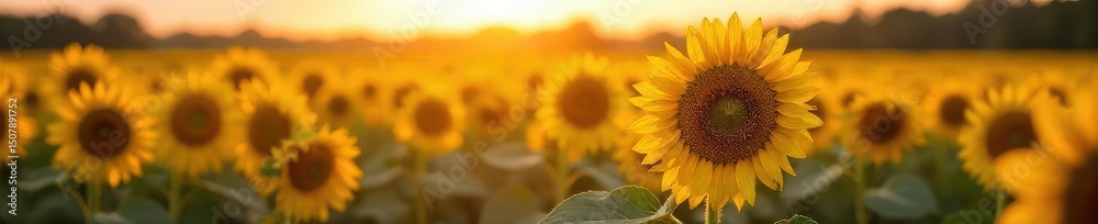 Fototapeta premium Golden hour sunlight bathes a field of ripe sunflowers, their heads heavy with seeds, a quintessential image of summer abundance , sunflowers field, beautiful, plant